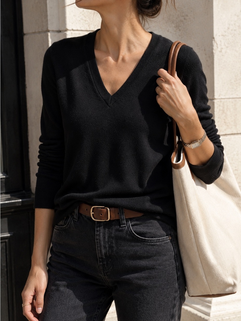 Banana Republic Black V-Neck Sweater - Fine Gauge Merino Wool - Minimalist